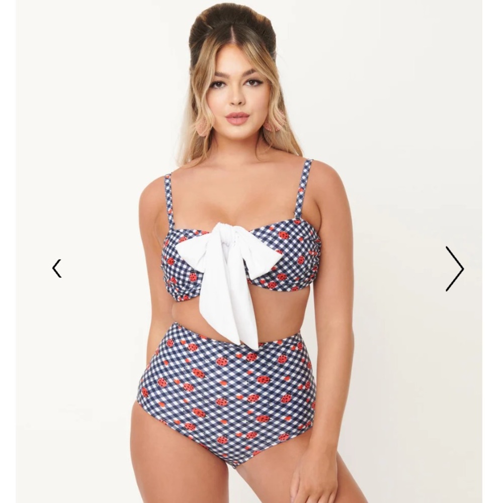 Unique Vintage NWT Gingham & Ladybug Rialto Top & High Waist Louise Swim Bottom